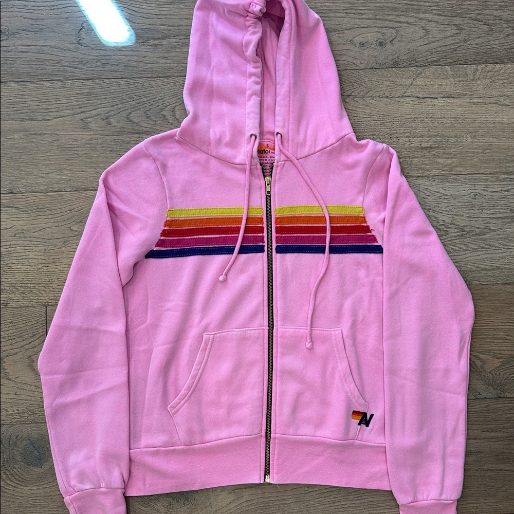 Aviator Nation Pink Hoodie with Rainbow Stripes
